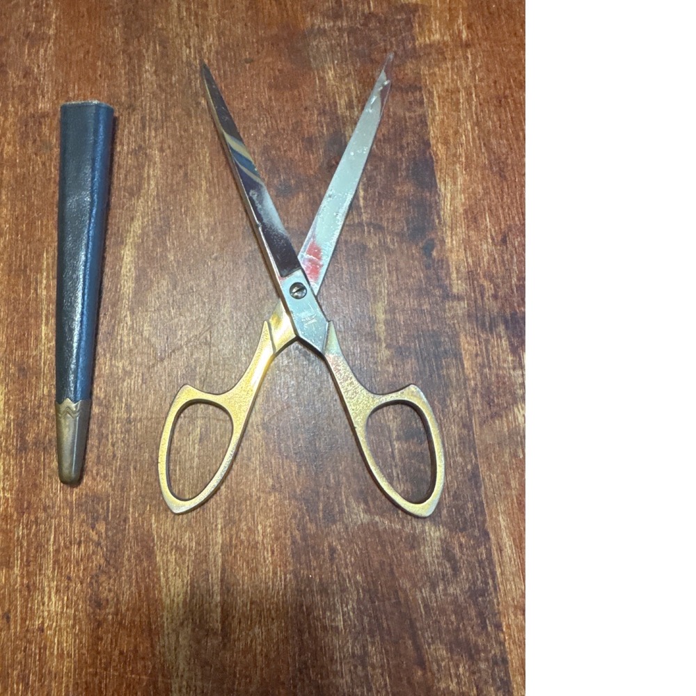 TAAFFE Scissors Germany Vintage Gold Tone Paper Shears Leather Sheath Slim 8"